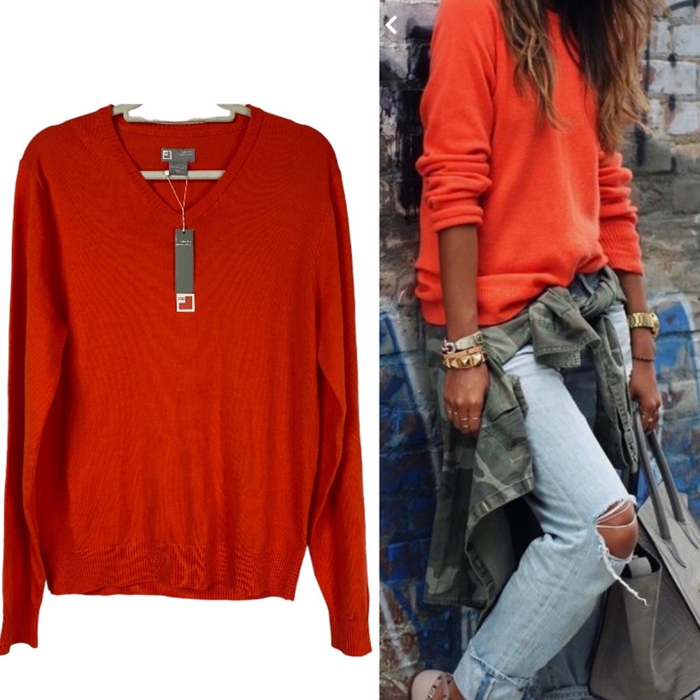 NWT Extra Fine Marino Wool V-neck Sweater Orange M